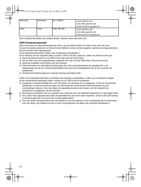 Sony VGN-CS11SR - VGN-CS11SR Documents de garantie N&eacute;erlandais