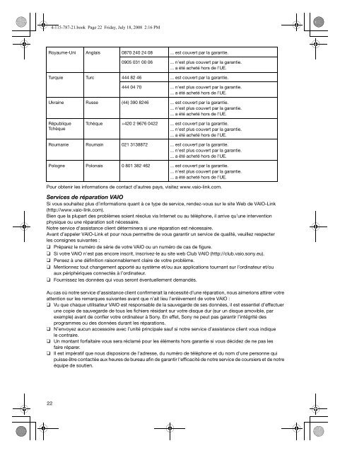 Sony VGN-CS11SR - VGN-CS11SR Documents de garantie Fran&ccedil;ais