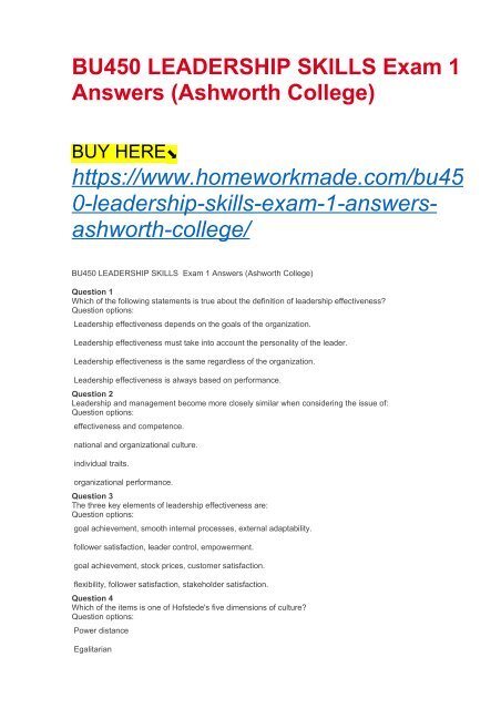 BU450 LEADERSHIP SKILLS Exam 1 Answers (Ashworth College)