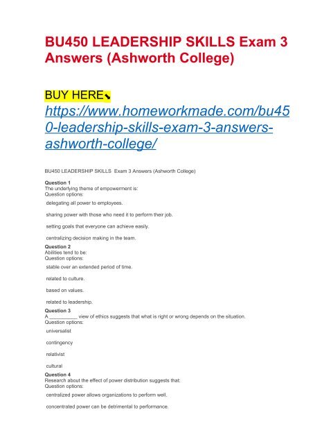 BU450 LEADERSHIP SKILLS Exam 3 Answers (Ashworth College)