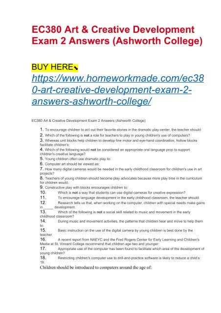 EC380 Art &amp; Creative Development Exam 2 Answers (Ashworth College)