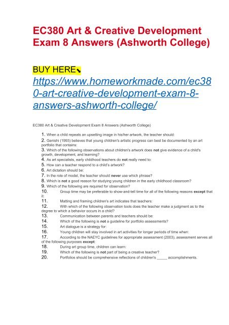 EC380 Art &amp; Creative Development Exam 8 Answers (Ashworth College)