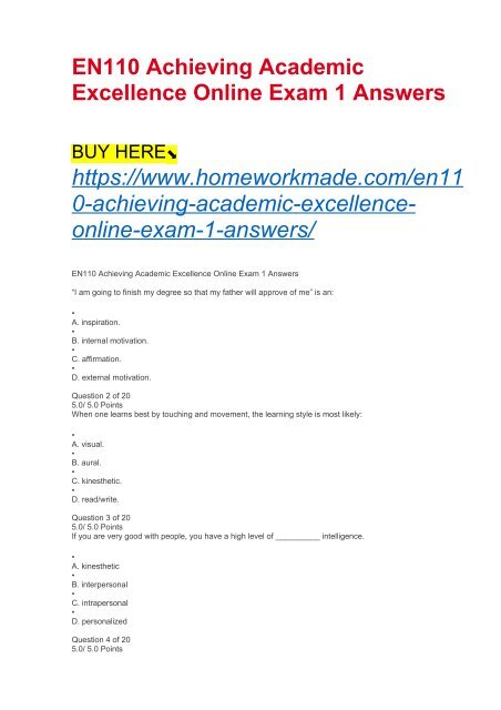 EN110 Achieving Academic Excellence Online Exam 1 Answers