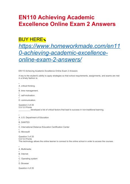 EN110 Achieving Academic Excellence Online Exam 2 Answers