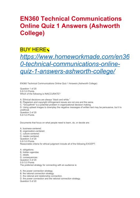 EN360 Technical Communications Online Quiz 1 Answers (Ashworth College)