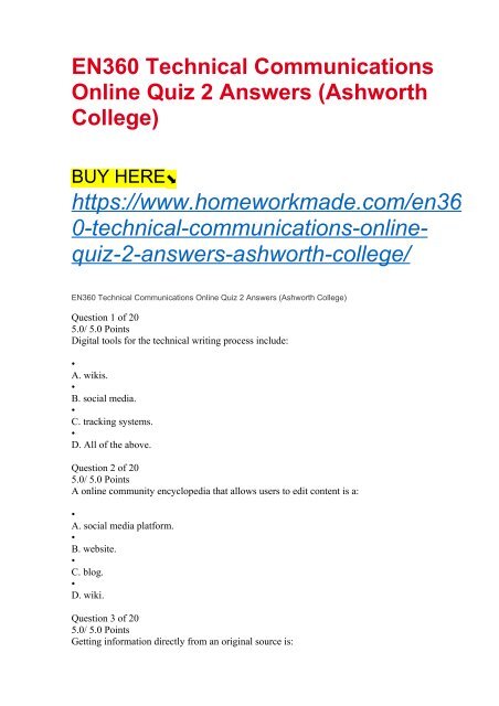 EN360 Technical Communications Online Quiz 2 Answers (Ashworth College)