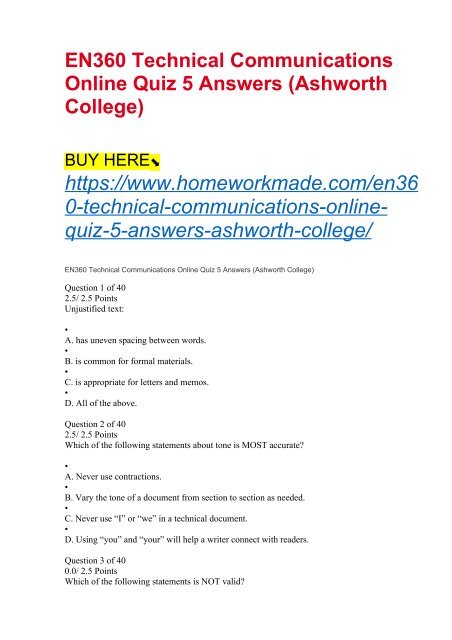 EN360 Technical Communications Online Quiz 5 Answers (Ashworth College)