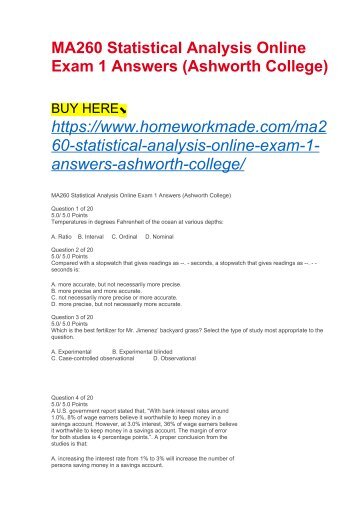 MA260 Statistical Analysis Online Exam 1 Answers (Ashworth College)