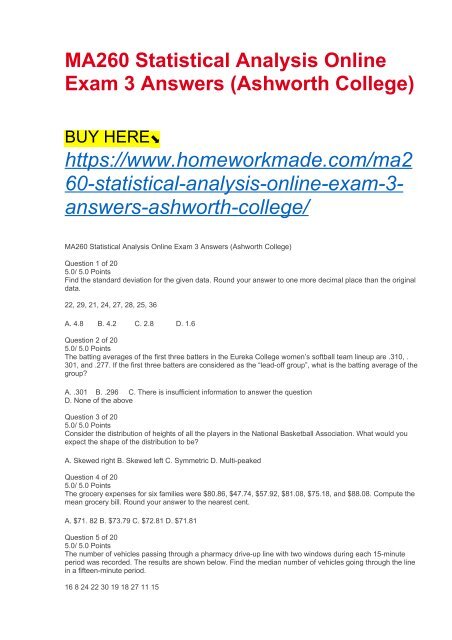 MA260 Statistical Analysis Online Exam 3 Answers (Ashworth College)