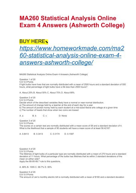 MA260 Statistical Analysis Online Exam 4 Answers (Ashworth College)