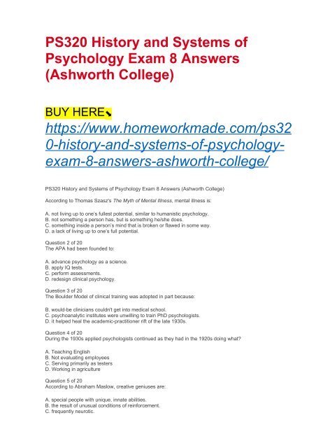 PS320 History and Systems of Psychology Exam 8 Answers (Ashworth College)