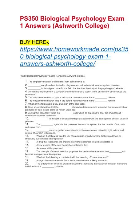 PS350 Biological Psychology Exam 1 Answers (Ashworth College)