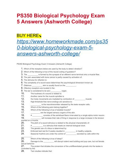 PS350 Biological Psychology Exam 5 Answers (Ashworth College)