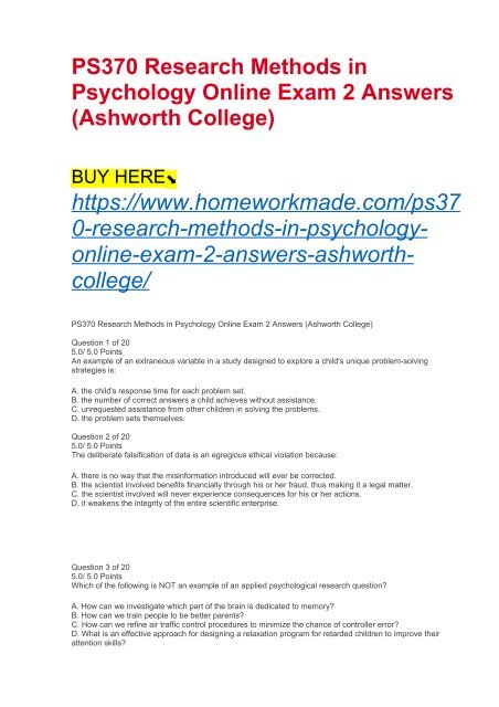 PS370 Research Methods in Psychology Online Exam 2 Answers (Ashworth College)