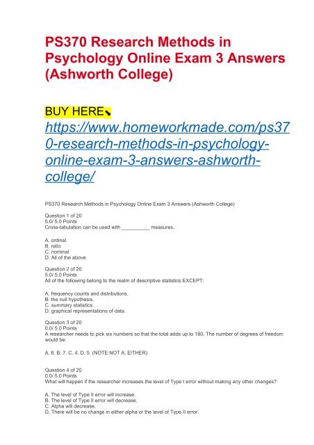 PS370 Research Methods in Psychology Online Exam 3 Answers (Ashworth College)