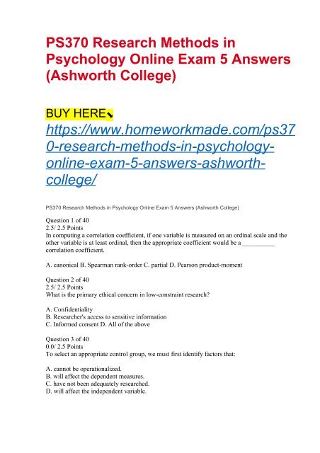 PS370 Research Methods in Psychology Online Exam 5 Answers (Ashworth College)