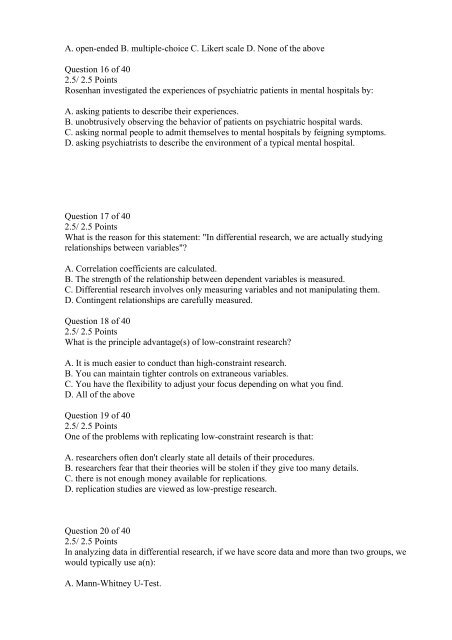 PS370 Research Methods in Psychology Online Exam 5 Answers (Ashworth College)