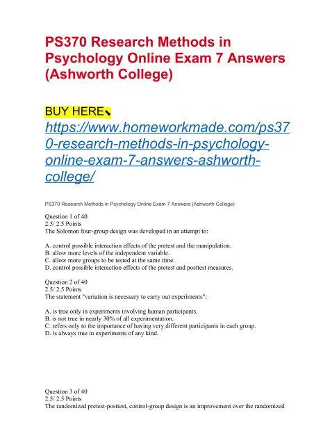 PS370 Research Methods in Psychology Online Exam 7 Answers (Ashworth College)