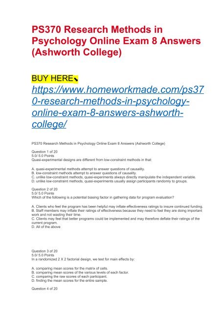 PS370 Research Methods in Psychology Online Exam 8 Answers (Ashworth College)