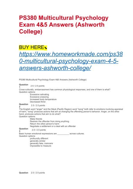 PS380 Multicultural Psychology Exam 4&amp;5 Answers (Ashworth College)