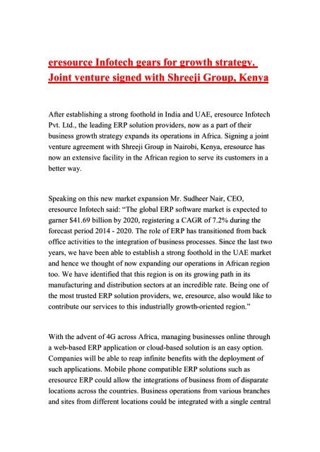 eresource Infotech gears for growth strategy. Joint venture signed with Shreeji Group, Kenya