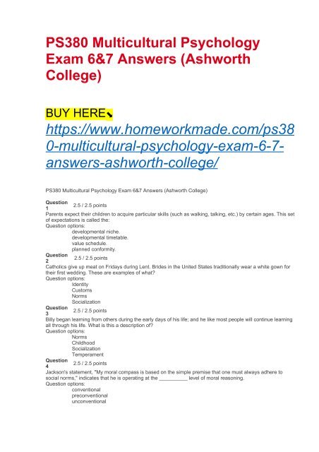 PS380 Multicultural Psychology Exam 6&amp;7 Answers (Ashworth College)