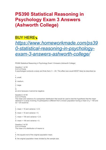 PS390 Statistical Reasoning in Psychology Exam 3 Answers (Ashworth College)