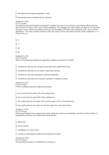 PS390 Statistical Reasoning in Psychology Exam 3 Answers (Ashworth College)