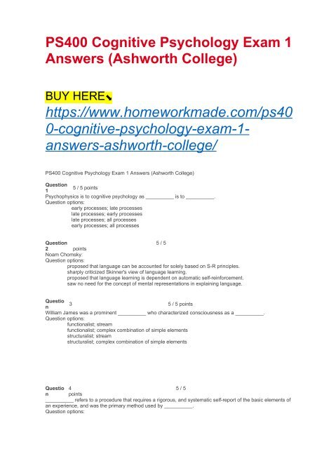 PS400 Cognitive Psychology Exam 1 Answers (Ashworth College)