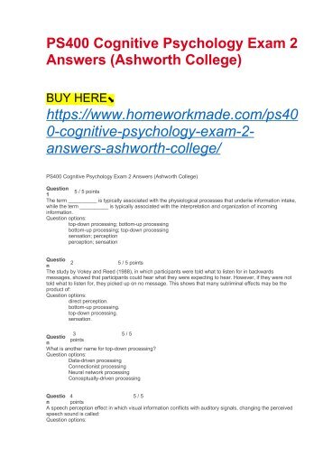 PS400 Cognitive Psychology Exam 2 Answers (Ashworth College)