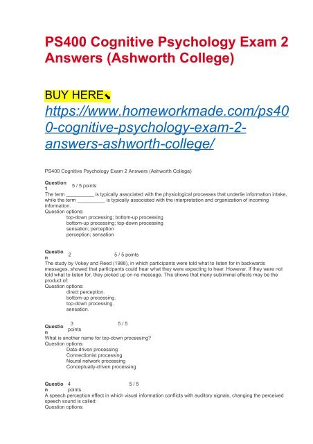 PS400 Cognitive Psychology Exam 2 Answers (Ashworth College)