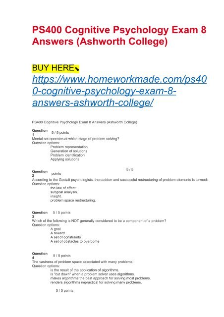 PS400 Cognitive Psychology Exam 8 Answers (Ashworth College)