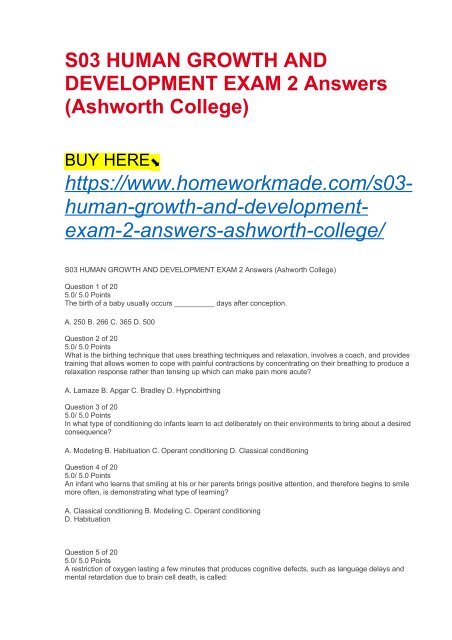 S03 HUMAN GROWTH AND DEVELOPMENT EXAM 2 Answers (Ashworth College)