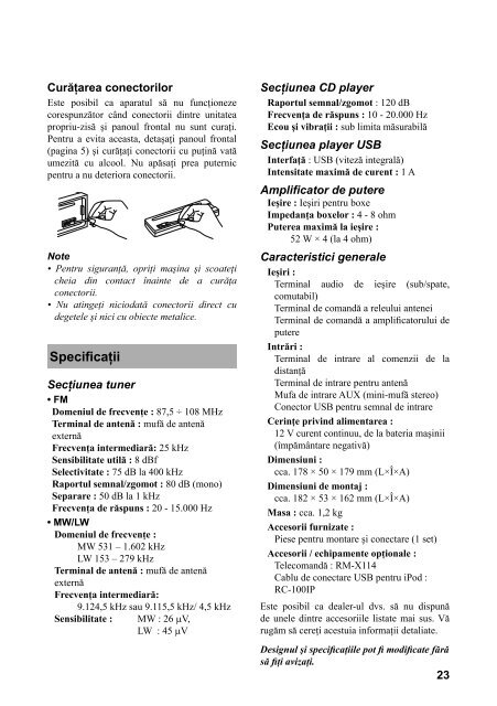 Sony CDX-GT560UI - CDX-GT560UI Mode d'emploi Roumain