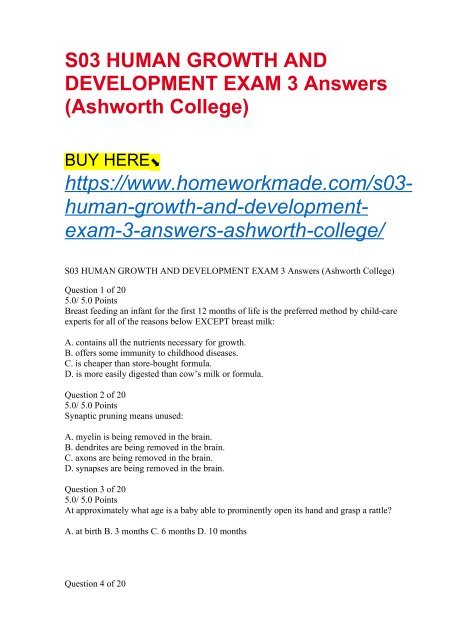 S03 HUMAN GROWTH AND DEVELOPMENT EXAM 3 Answers (Ashworth College)