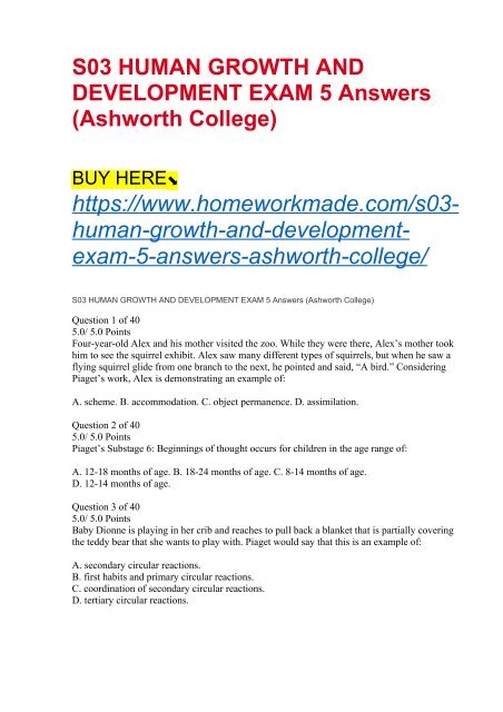 S03 HUMAN GROWTH AND DEVELOPMENT EXAM 5 Answers (Ashworth College)