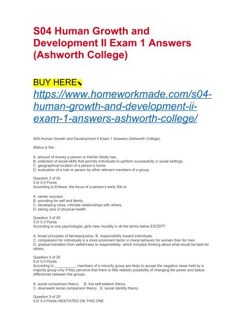 S04 Human Growth and Development II Exam 1 Answers (Ashworth College)