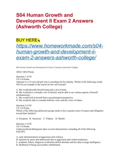 S04 Human Growth and Development II Exam 2 Answers (Ashworth College)