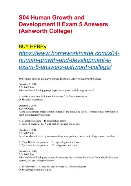 S04 Human Growth and Development II Exam 5 Answers (Ashworth College)