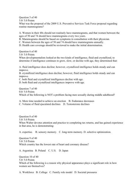 S04 Human Growth and Development II Exam 5 Answers (Ashworth College)