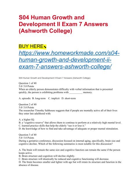 S04 Human Growth and Development II Exam 7 Answers (Ashworth College)