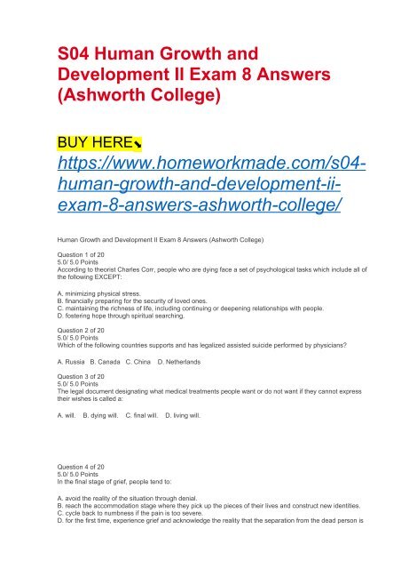 S04 Human Growth and Development II Exam 8 Answers (Ashworth College)