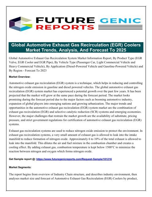 “Global Automotive Exhaust Gas Recirculation (EGR) – Automotive Market”: Which Would Be the Major Factors Responsible for Global Market Growth?