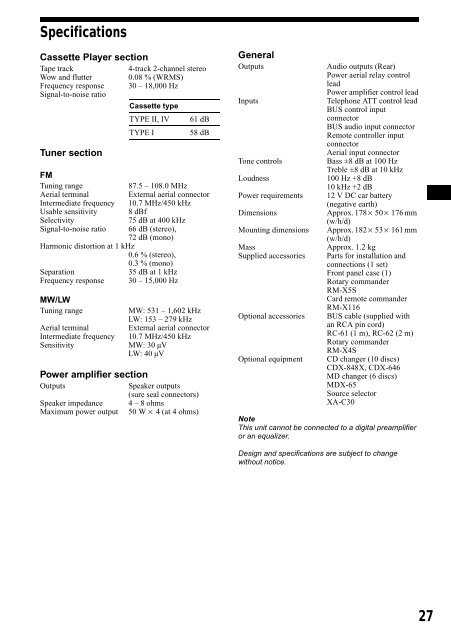 Sony XR-CA800 - XR-CA800 Consignes d&rsquo;utilisation