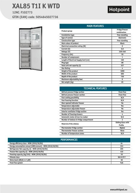 KitchenAid XAL85 T1I K WTD - XAL85 T1I K WTD EN (F102773) Scheda Prodotto