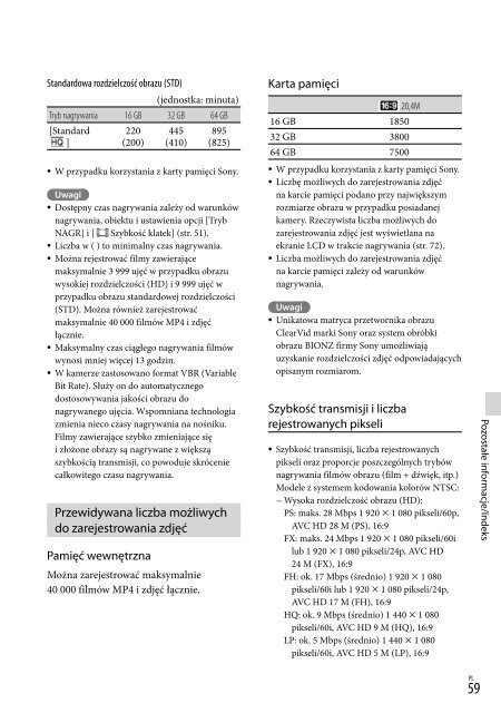 Sony HDR-PJ650E - HDR-PJ650E Consignes d&rsquo;utilisation Polonais