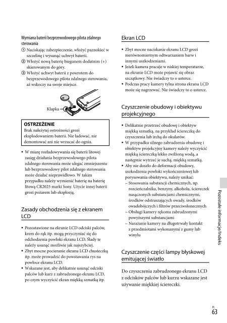 Sony HDR-PJ650E - HDR-PJ650E Consignes d&rsquo;utilisation Polonais