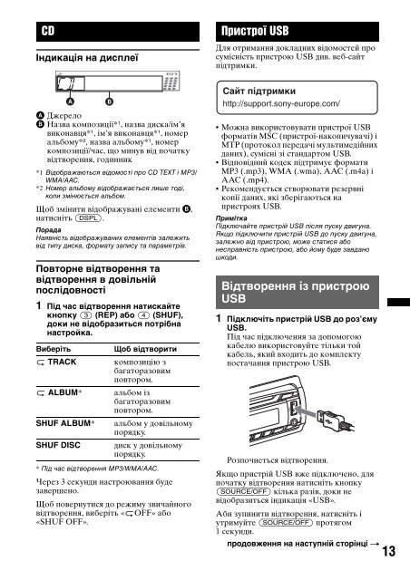 Sony CDX-GT450U - CDX-GT450U Consignes d&rsquo;utilisation Ukrainien