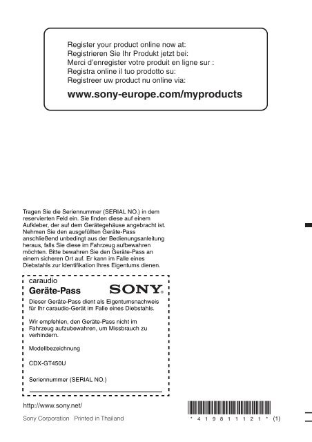 Sony CDX-GT450U - CDX-GT450U Consignes d&rsquo;utilisation Allemand