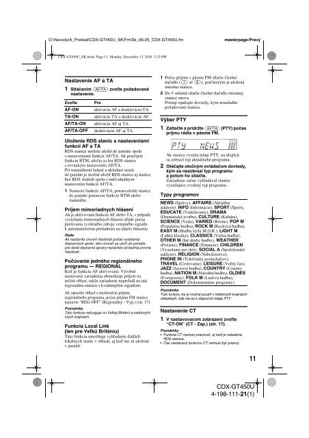 Sony CDX-GT450U - CDX-GT450U Mode d'emploi Slovaque